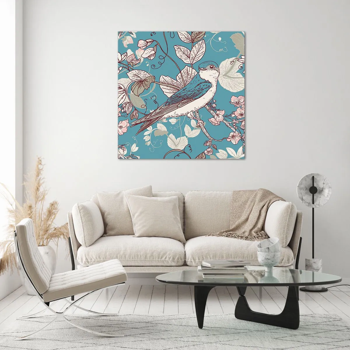 Tablou pe sticlă - Ciripit în florile albe - 30x30 cm