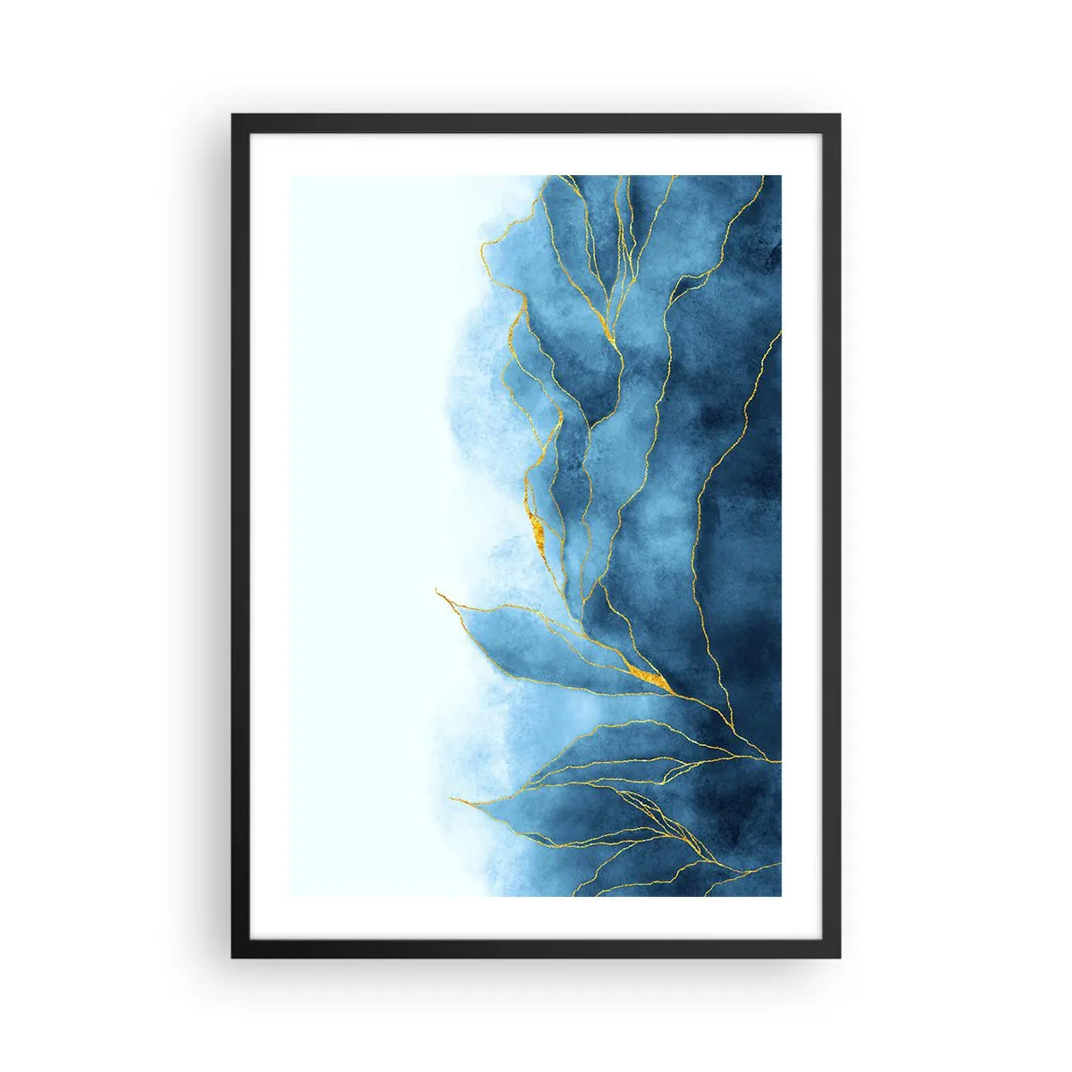 Poster în ramă neagră - O compoziție abstractă în nuanțe de albastru cu linii aurii. - 50x70cm - Albastru în aur - Decorațiune modernă pentru perete pentru living și dormitor ARTTOR