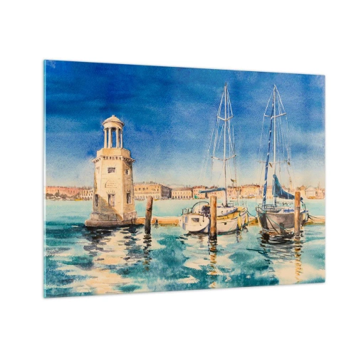 Tablou pe sticlă - Marina în acuarelă cu far și iahturi ancorate - 70x50cm - Laguna însorită - Decorațiune modernă pentru perete pentru living și dormitor ARTTOR