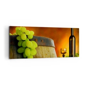 Tablou pe pânză - Natură moartă cu o sticlă de vin și un ciorchine de struguri - 100x40 cm