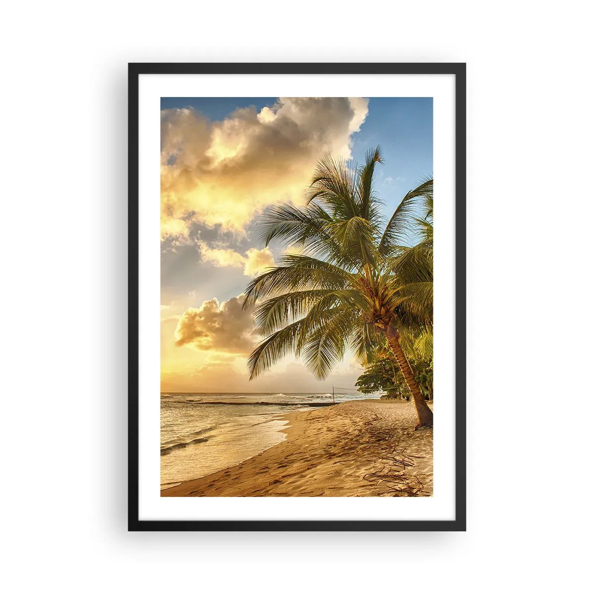 Poster în ramă neagră - Plajă cu palmieri și un apus de soare auriu - 50x70cm - Vară eternă, întotdeauna o vacanță - Decorațiune modernă pentru perete pentru living și dormitor ARTTOR