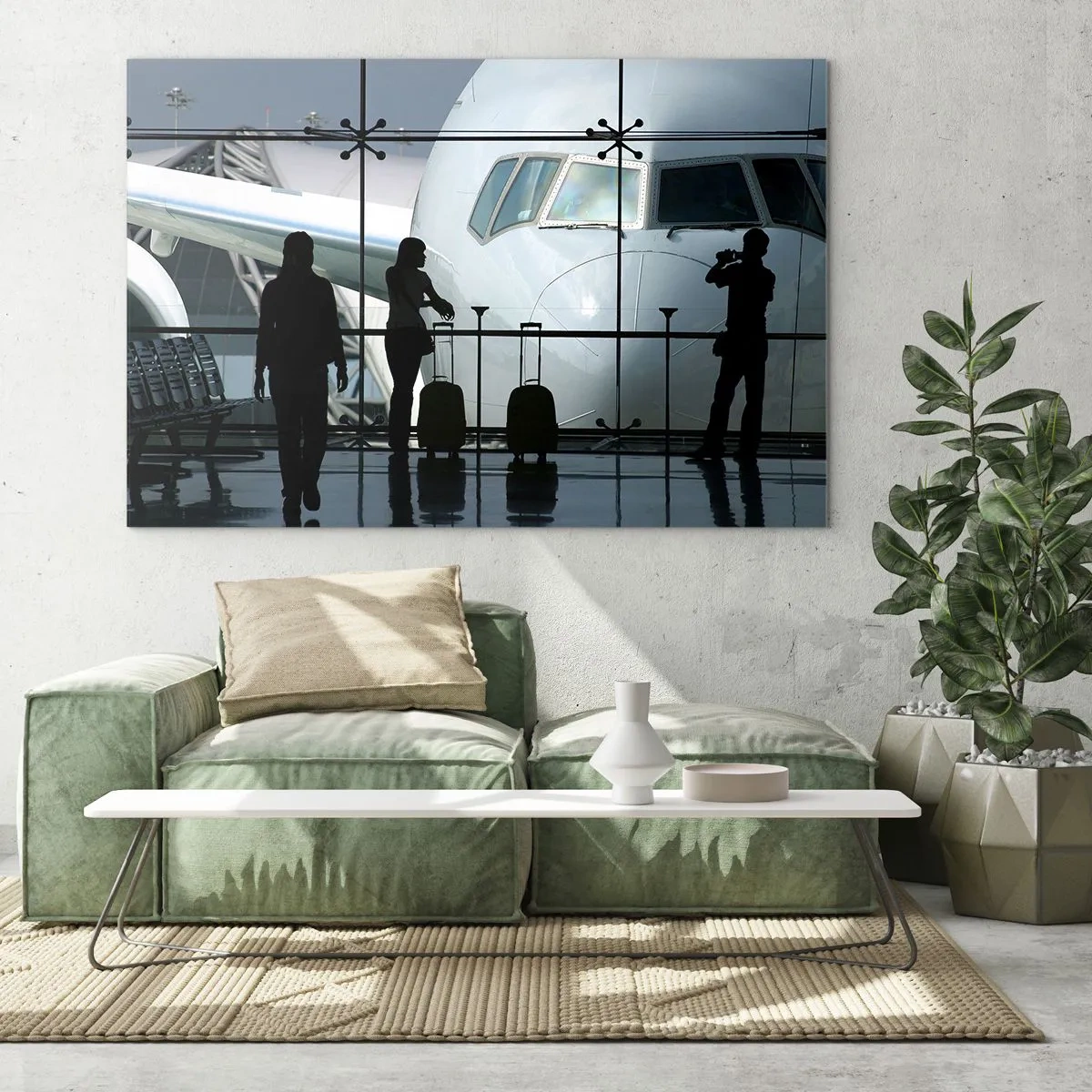 Tablou pe sticlă - Aeroport cu vedere la avion și siluete de călători - 70x50cm - Vis a vis la aeroport - Decorațiune modernă pentru perete pentru living și dormitor ARTTOR