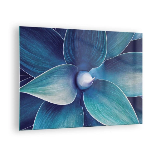 Tablou pe sticlă - Fotografie macro a unei plante în nuanțe de albastru - 70x50cm - A furat albastrul de la cer - Decorațiune modernă pentru perete pentru living și dormitor ARTTOR