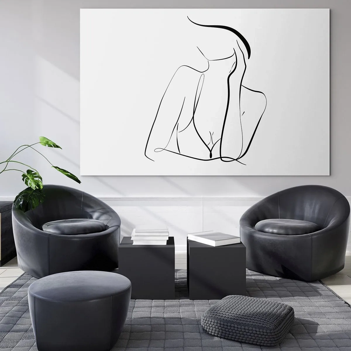 Tablou pe sticlă - O linie simplă care arată conturul corpului în nuanțe de alb și negru - 70x50cm - Pe valul unui vis - Decorațiune modernă pentru perete pentru living și dormitor ARTTOR