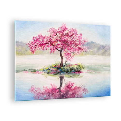 Tablou pe sticlă - Un copac roz pe o insulă reflectat în apa calmă - 70x50cm - Festivalul Primăverii - Decorațiune modernă pentru perete pentru living și dormitor ARTTOR