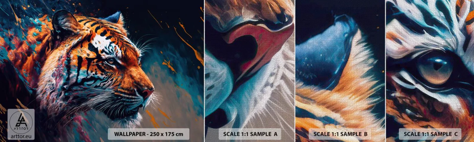 Mostră tapet Premium Canvas - Frumusețe sălbatică - Tigru, Colorat, Animal - 100x30 cm