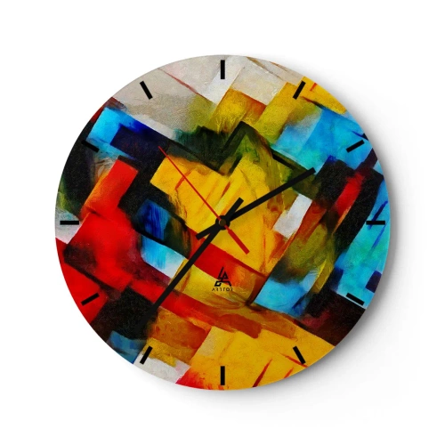 Ceas de perete - Ceas pe sticlă - Abstracție colorată cu forme geometrice - 30x30cm - Sandviș multicolor - Decorațiune modernă pentru perete pentru living, bucătărie și dormitor ARTTOR