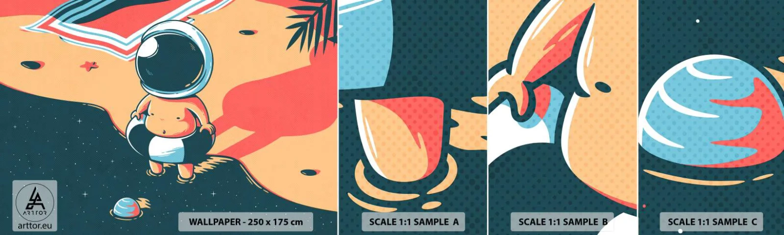 Mostră tapet autocolant Deluxe Sticker - Dintr-o perspectivă diferită - Abstracția, plajă, Astronaut - 100x30 cm