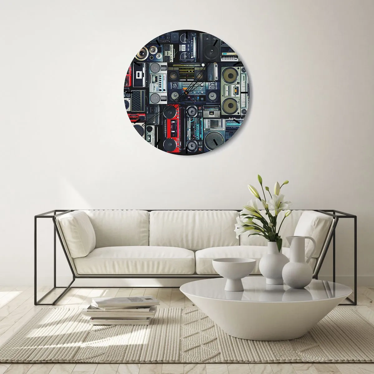 Ceas de perete - Ceas pe sticlă - Radiouri și magnetofoane colorate în stil retro - 30x30cm - Nostalgie pentru anii `80. - Decorațiune modernă pentru perete pentru living, bucătărie și dormitor ARTTOR
