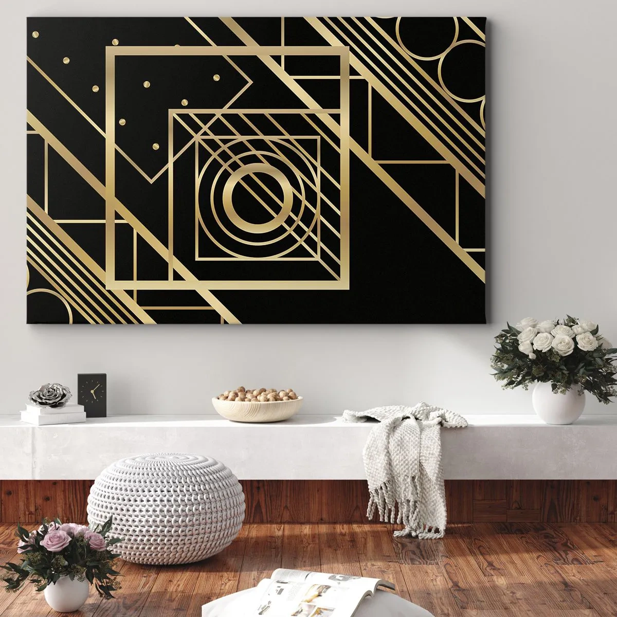 Tablou pe pânză Canvas - Modele geometrice aurii pe fundal negru - 70x50cm - Geometrie de aur - Decorațiune modernă pentru perete pentru living și dormitor ARTTOR