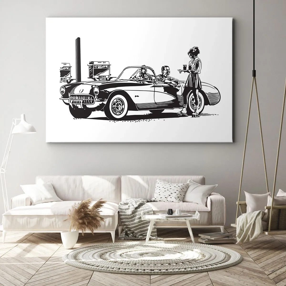 Tablou pe pânză Canvas - O scenă retro alb-negru cu o mașină și o chelneriță pe role. - 70x50cm - 60. - America fără griji - Decorațiune modernă pentru perete pentru living și dormitor ARTTOR