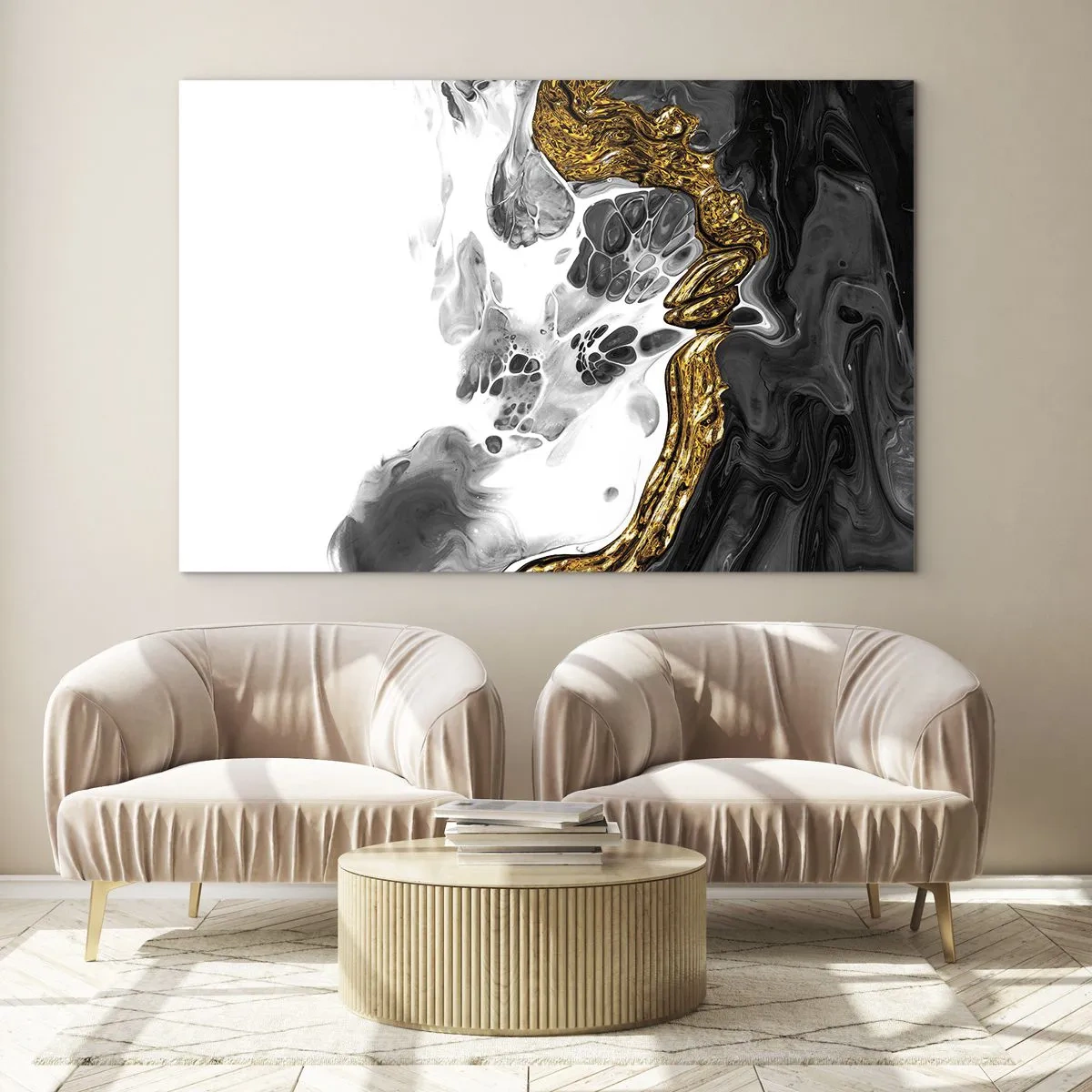 Tablou pe sticlă - Compoziție abstractă de negru, alb și auriu - 70x50cm - Compoziție organică - Decorațiune modernă pentru perete pentru living și dormitor ARTTOR