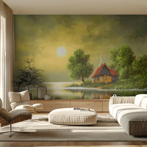 Tapet Premium Canvas - Frumos, ca dintr-o imagine - Peisaj, Casa la tara, Barcă cu pânze - 350x256 cm