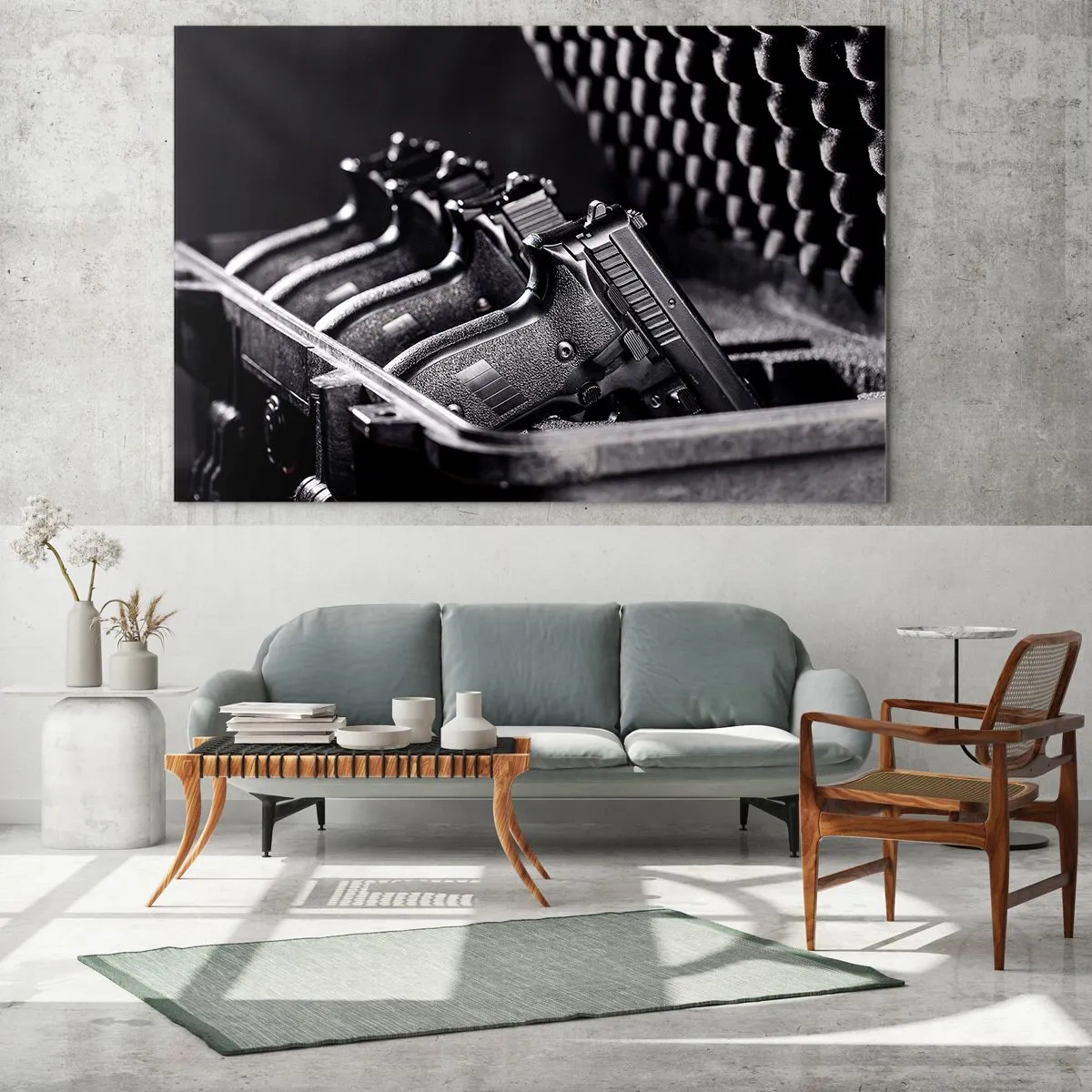 Tablou pe sticlă - Pistoale negre într-o husă pe un fundal de spumă protectoare - 70x50cm - Sport masculin - Decorațiune modernă pentru perete pentru living și dormitor ARTTOR