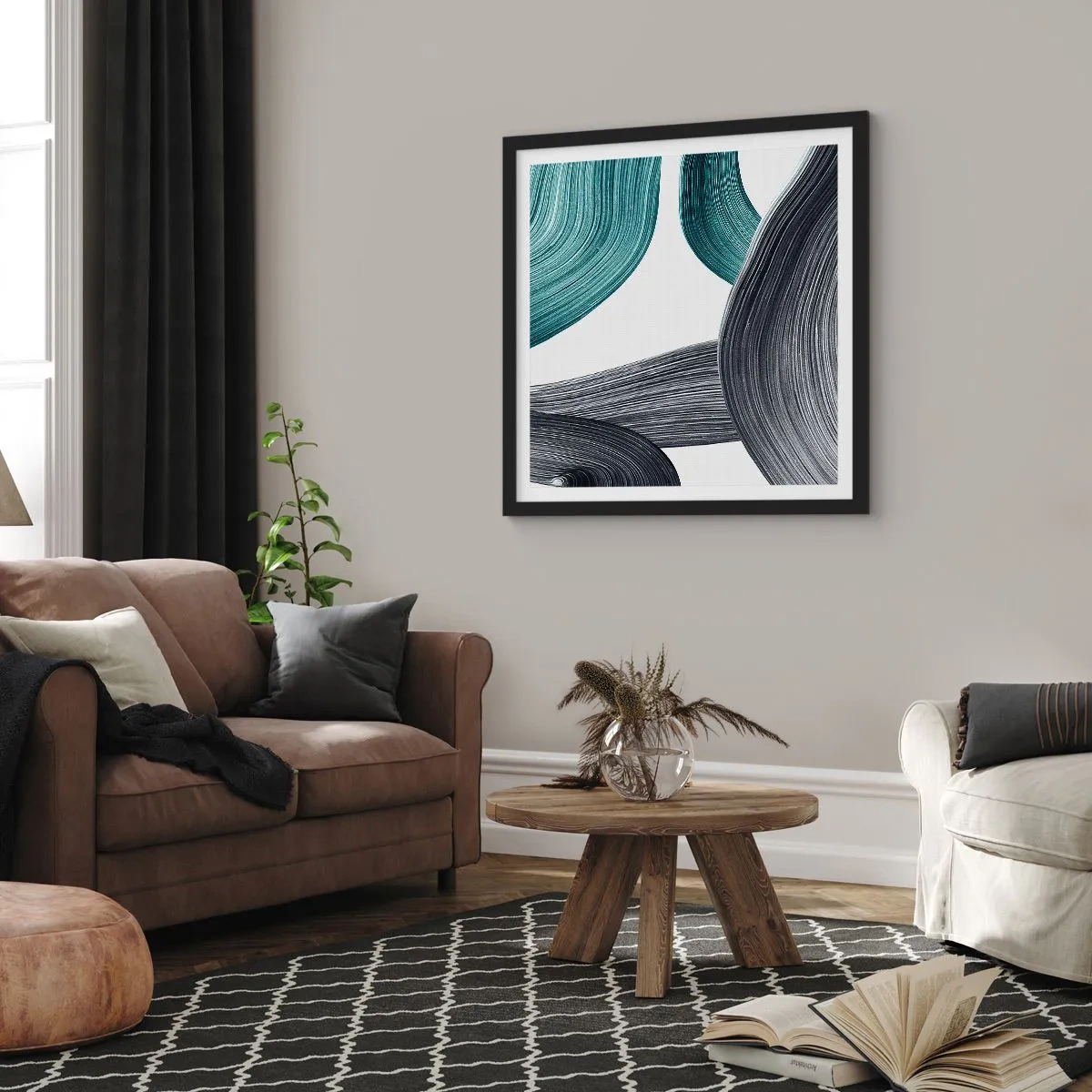 Poster în ramă neagră - Trasee de smarald și negru - 50x50 cm