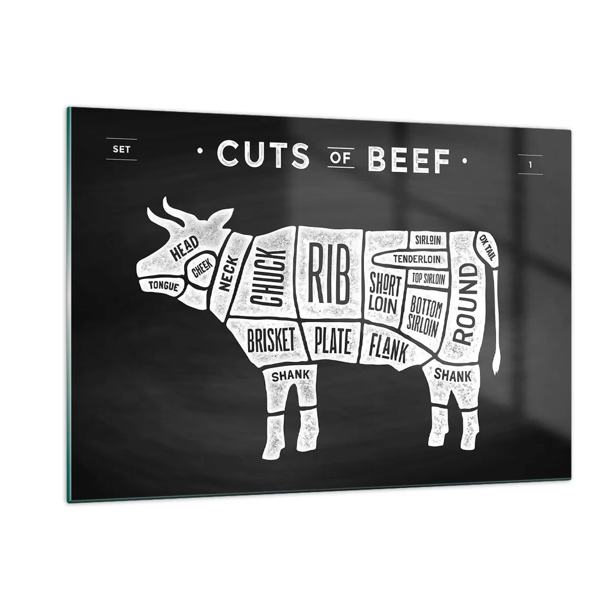 Tablou pe sticlă - Abecedar de măcelar - 120x80 cm