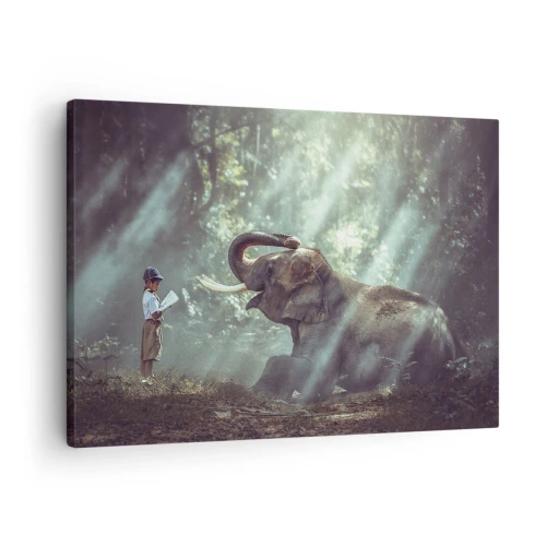 Tablou pe pânză Canvas - Un băiat și un elefant într-o pădure luminată de lumina soarelui - 70x50cm - Și ascultă asta... - Decorațiune modernă pentru perete pentru living și dormitor ARTTOR