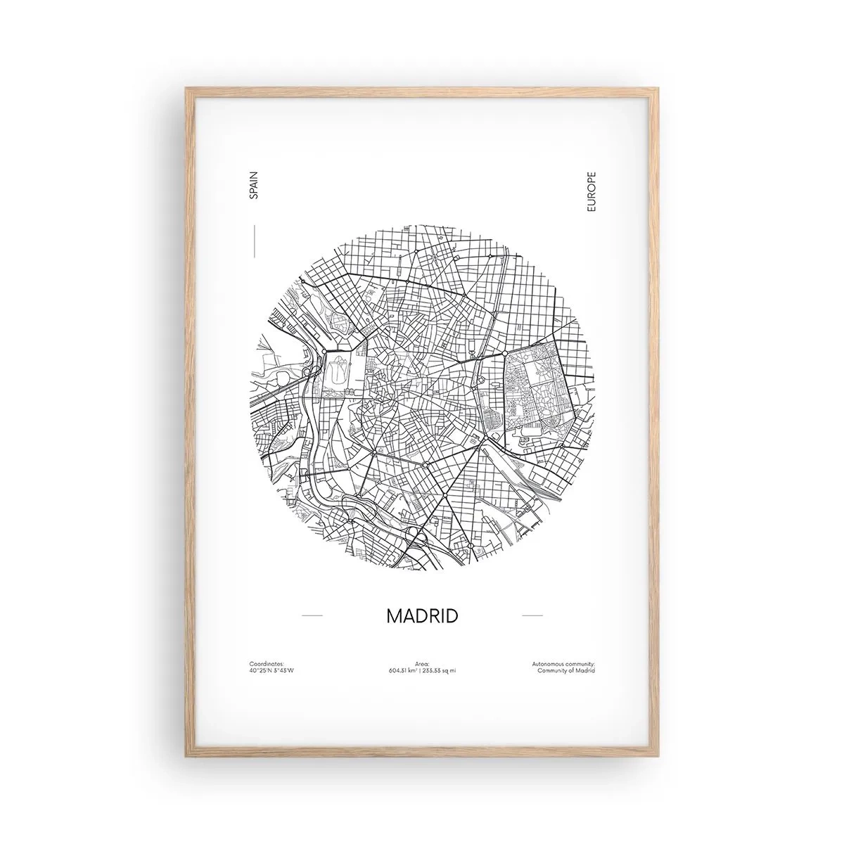 Poster în ramă de stejar deschis - Anatomia Madridului - 70x100 cm