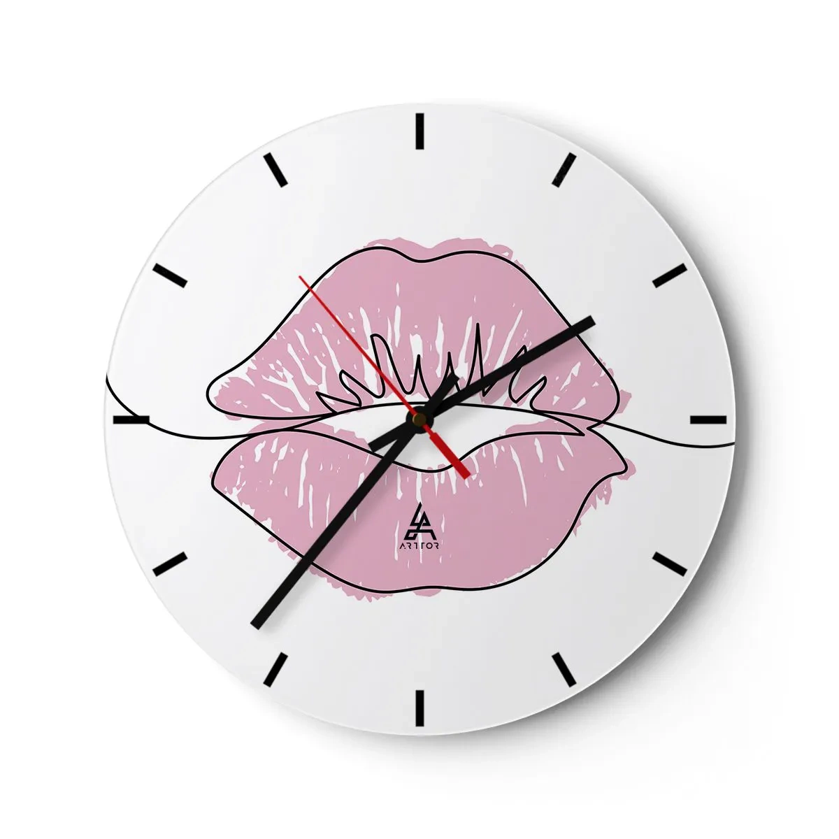 Ceas de perete - Ceas pe sticlă - Prim-plan cu buze roz pe fundalul unui ceas alb - 30x30cm - Vrei un sărut? - Decorațiune modernă pentru perete pentru living, bucătărie și dormitor ARTTOR