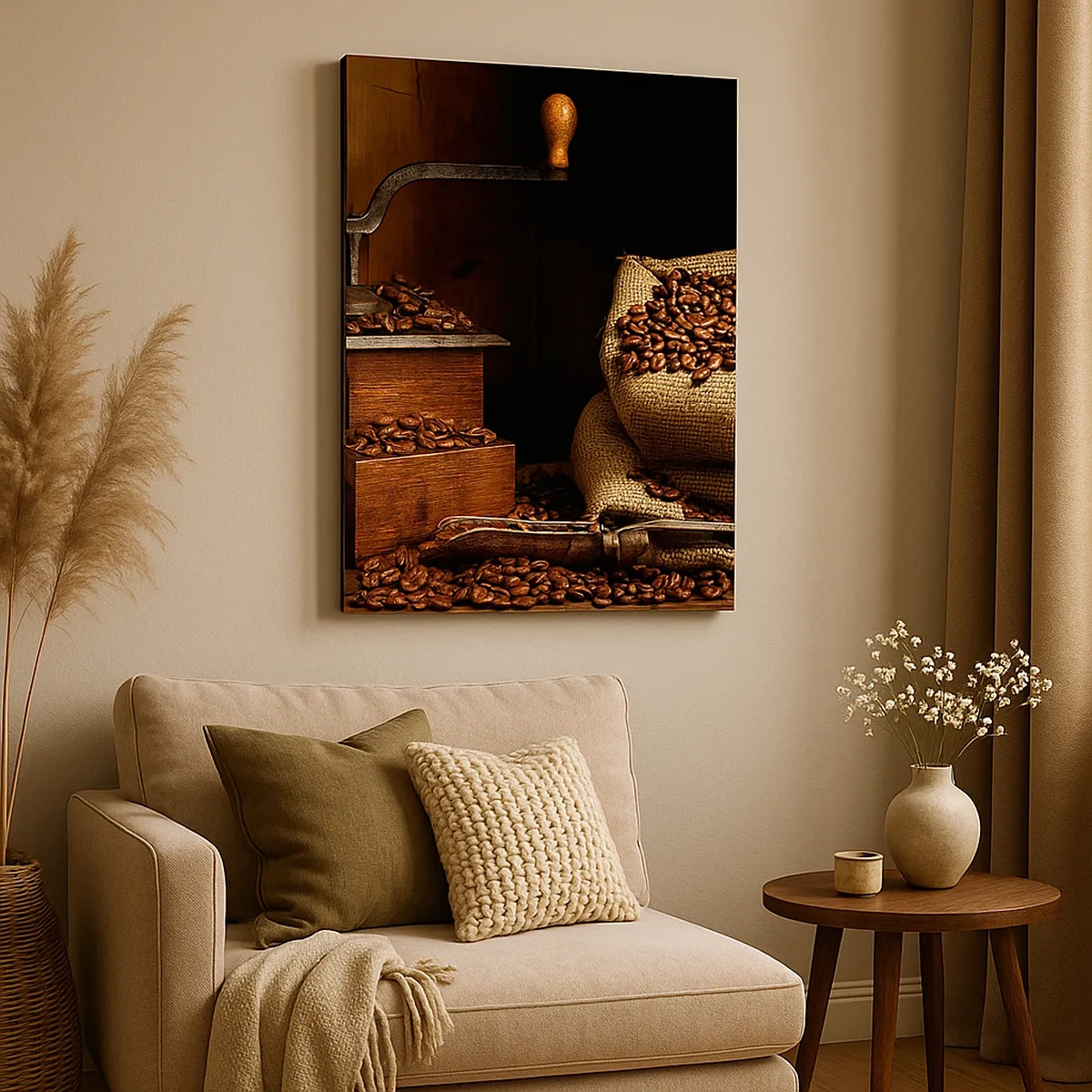 Tablou pe pânză - Natură moartă cu boabe de cafea și măcinător - 50x70 cm