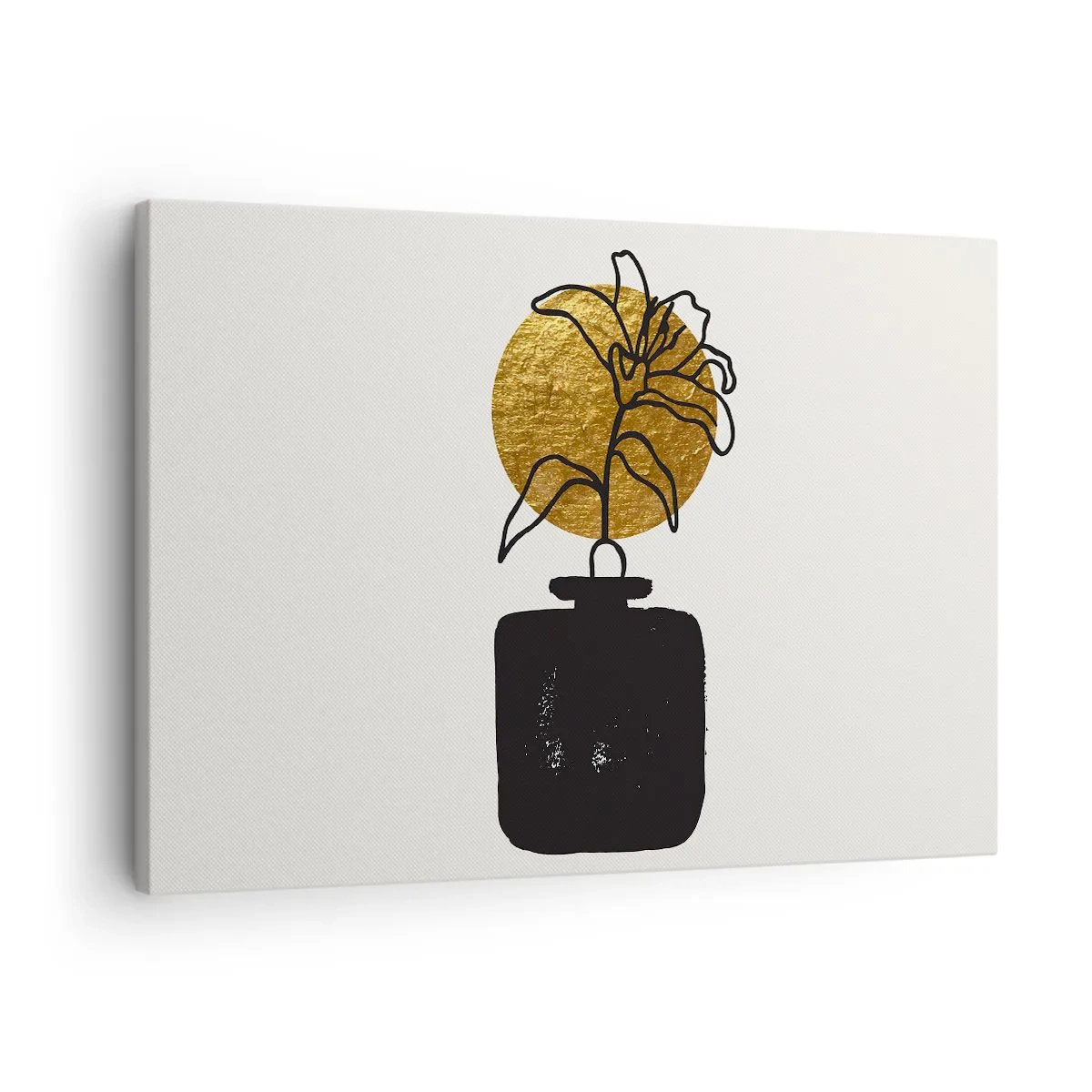 Tablou pe pânză Canvas - Un desen al unei flori într-o vază pe un fundal de cerc auriu - 70x50cm - Cât cântărește aurul? - Decorațiune modernă pentru perete pentru living și dormitor ARTTOR