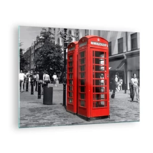 Tablou pe sticlă - Cabine telefonice roșii pe o stradă din Londra - 70x50cm - Cabine telefonice roșii - Decorațiune modernă pentru perete pentru living și dormitor ARTTOR