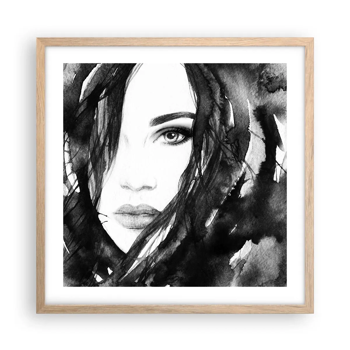 Poster în ramă de stejar deschis - Studiu unei dame în alb și negru - 50x50 cm