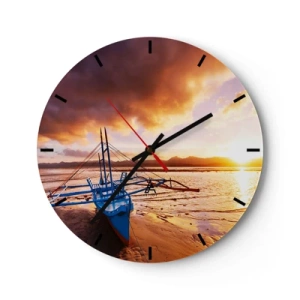 Ceas de perete - Ceas pe sticlă - O barcă pe plajă în timpul apusului - 30x30cm - După o zi lungă, întindeți-vă pe nisip - Decorațiune modernă pentru perete pentru living, bucătărie și dormitor ARTTOR