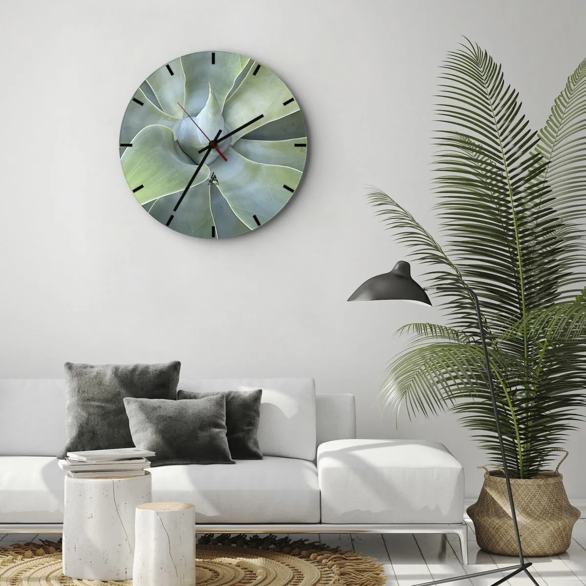 Ceas de perete - Ceas pe sticlă - Prim-plan al aranjamentului spiralat al frunzelor suculente - 30x30cm - Nașterea verdeții - Decorațiune modernă pentru perete pentru living, bucătărie și dormitor ARTTOR