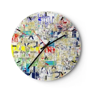 Ceas de perete - Ceas pe sticlă - Tipografie abstractă în culori vibrante - 30x30cm - Pur și simplu plăcut pentru ochi - Decorațiune modernă pentru perete pentru living, bucătărie și dormitor ARTTOR
