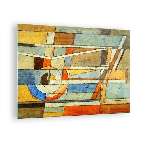 Tablou pe sticlă - O compoziție abstractă cu modele geometrice și culori calde. - 70x50cm - Cubismul în construcție - Decorațiune modernă pentru perete pentru living și dormitor ARTTOR