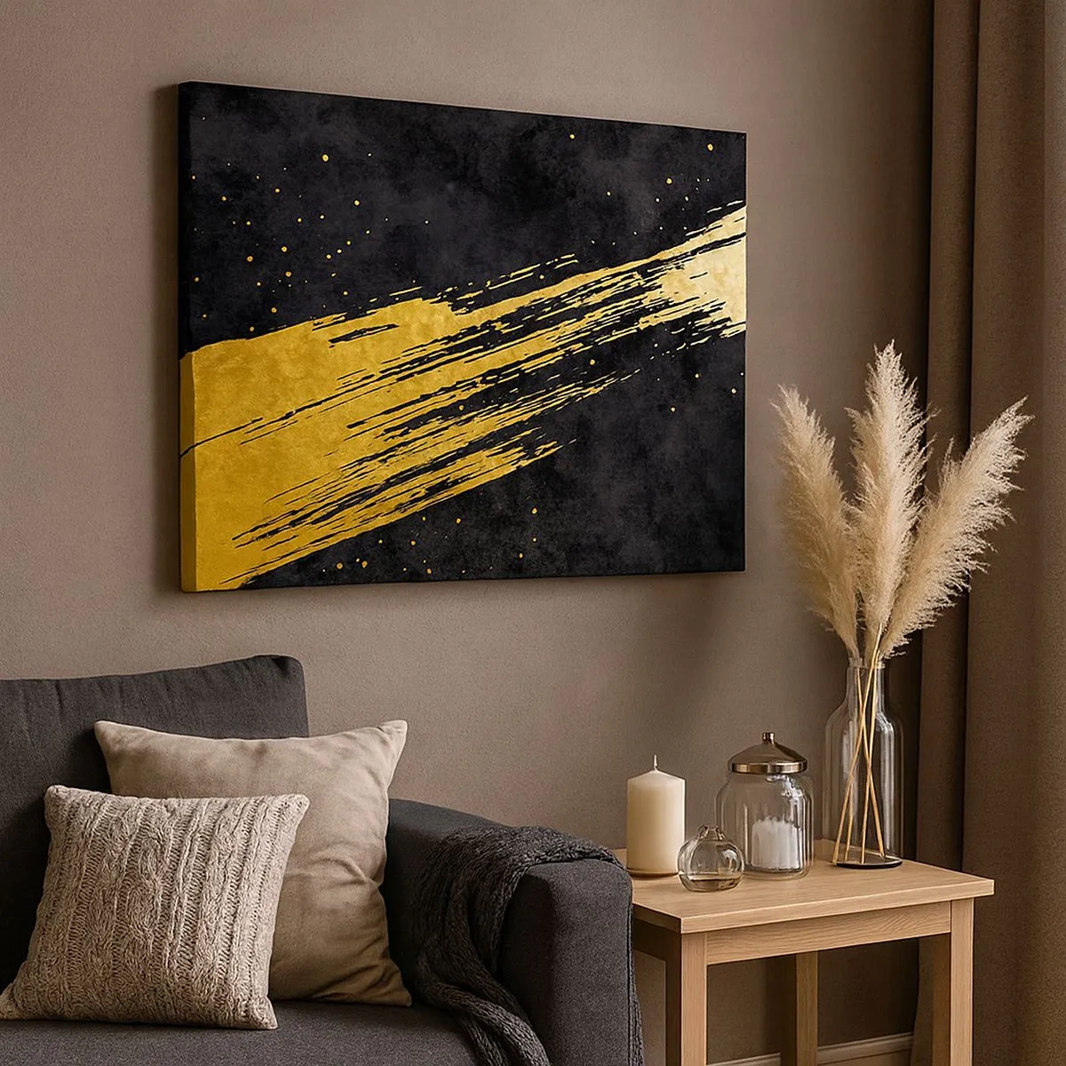 Tablou pe pânză Canvas - Fundal negru cu tușe aurii dinamice - 70x50cm - Salt în hiperspațiu - Decorațiune modernă pentru perete pentru living și dormitor ARTTOR