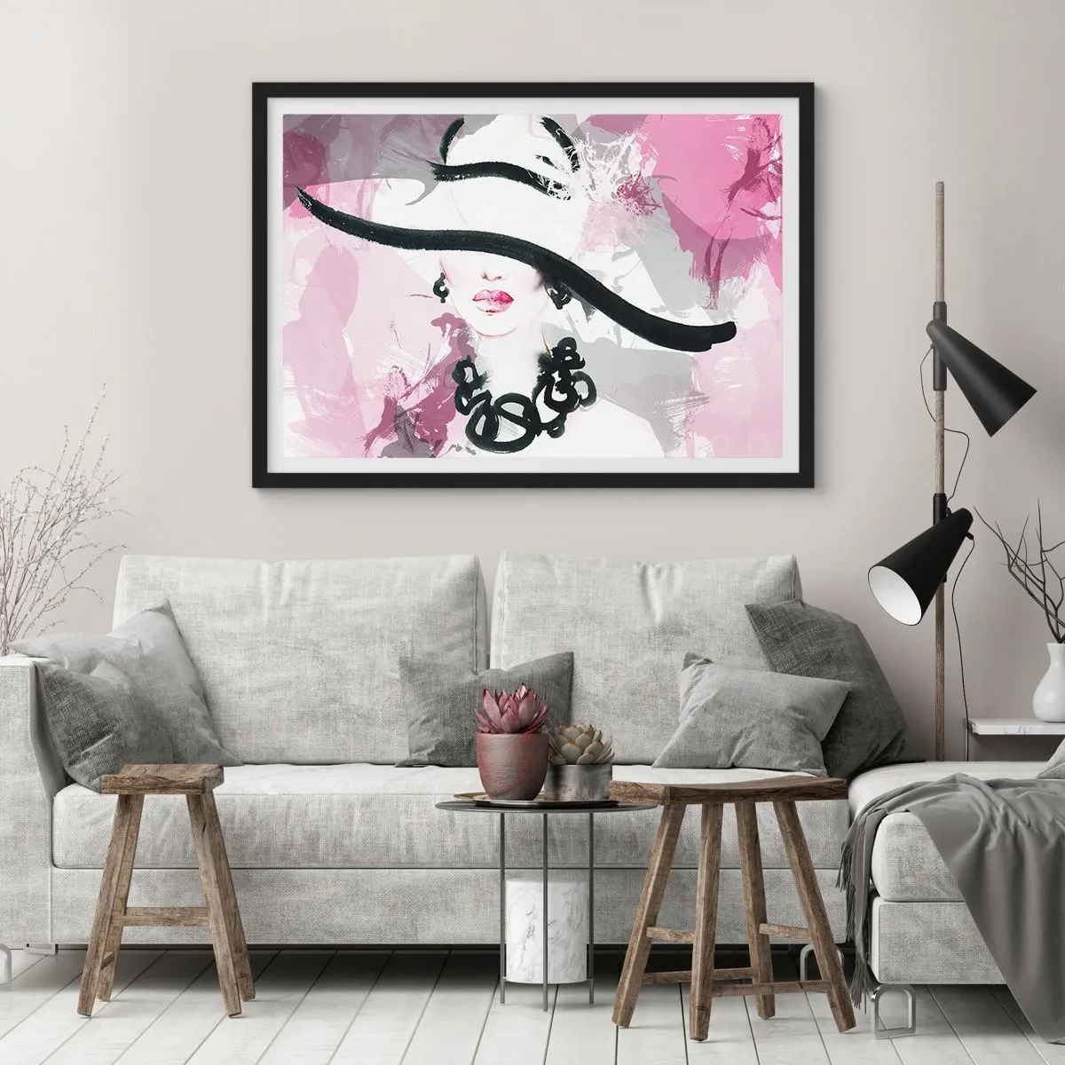 Poster în ramă neagră - Studiu unei dame în negru și roz - 91x61 cm
