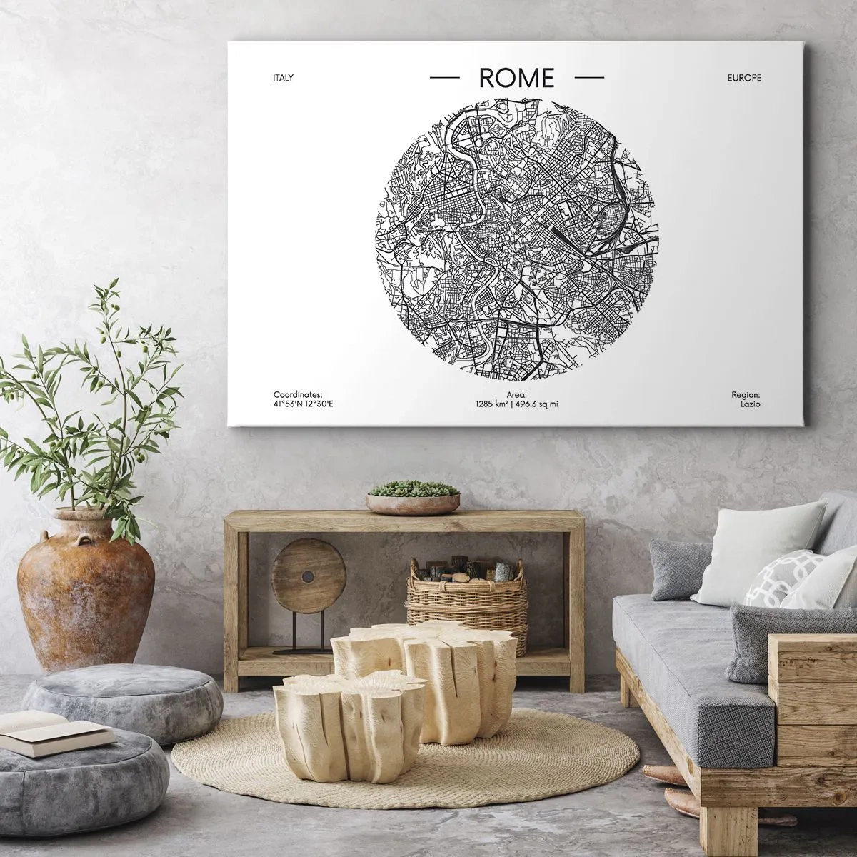 Tablou pe pânză Canvas - O hartă a Romei într-un stil minimalist, alb-negru - 70x50cm - Anatomia Romei - Decorațiune modernă pentru perete pentru living și dormitor ARTTOR