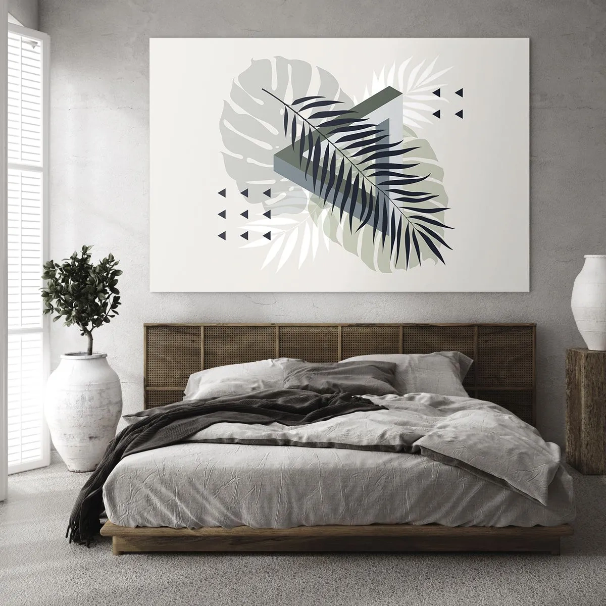 Tablou pe sticlă - O compoziție geometrică modernă cu frunze - 70x50cm - Natura și geometria - două ordine? - Decorațiune modernă pentru perete pentru living și dormitor ARTTOR