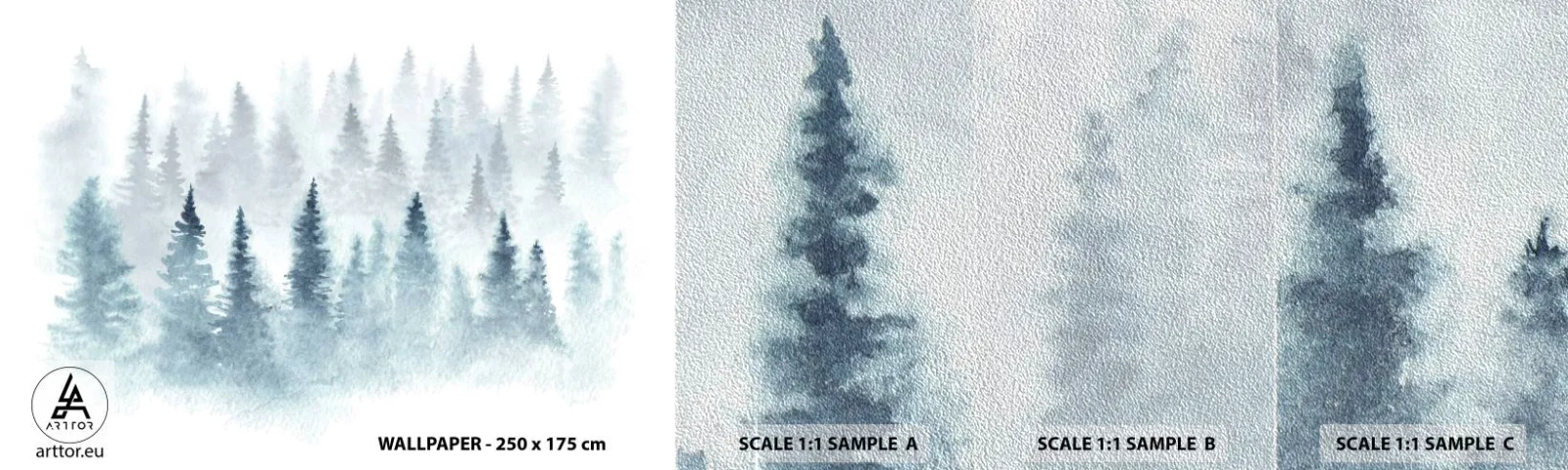 Mostră tapet Premium Sand - Înfășurate în ceață - Peisaj, pădure, molid - 100x30 cm