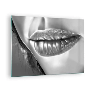 Tablou pe sticlă - Buze feminine senzuale în tonuri monocromatice - 70x50cm - Știu la ce te gândești... - Decorațiune modernă pentru perete pentru living și dormitor ARTTOR