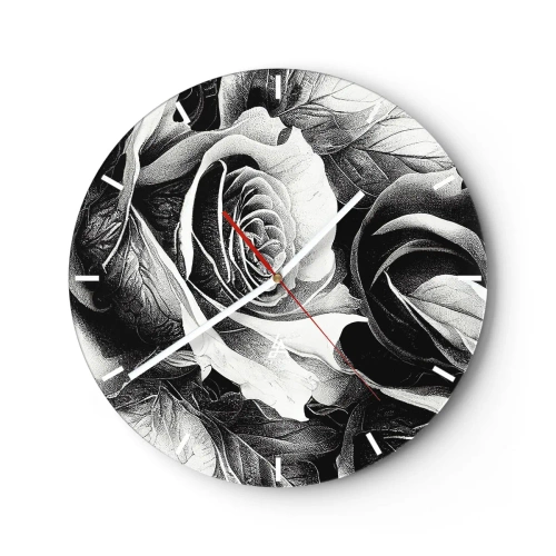 Ceas de perete - Ceas pe sticlă - Operă de artă cu trandafiri alb-negru într-un stil clasic de desen - 30x30cm - Mereu regina - Decorațiune modernă pentru perete pentru living, bucătărie și dormitor ARTTOR