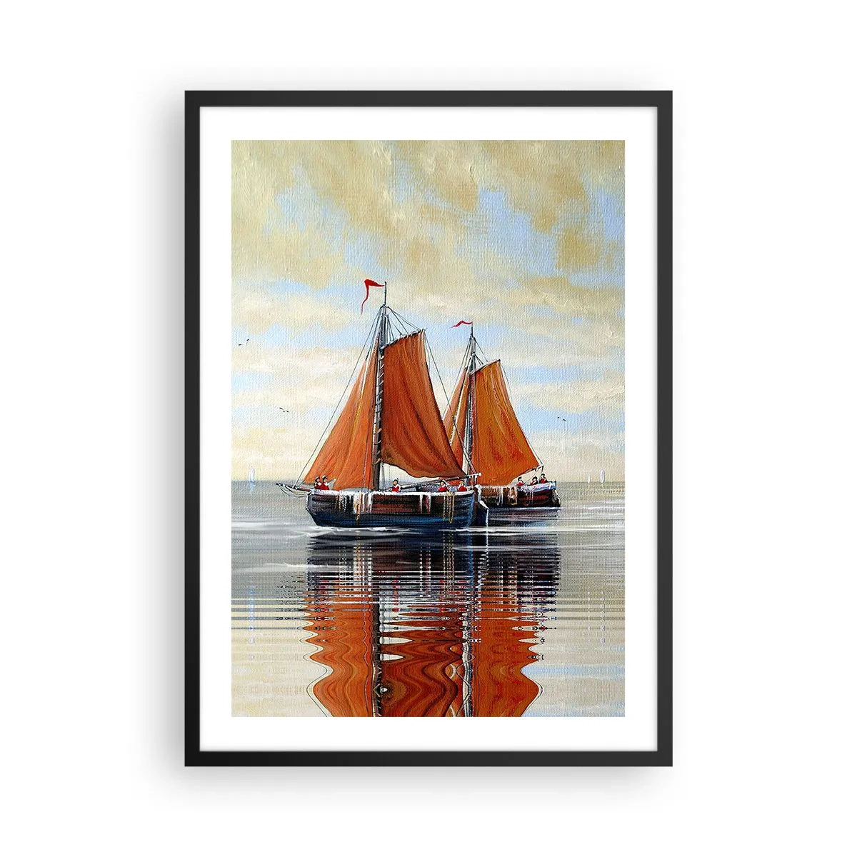 Poster în ramă neagră - Bărci cu pânze pe ape calme cu vele roșii - 50x70cm - Hei, marinarule, navighează... - Decorațiune modernă pentru perete pentru living și dormitor ARTTOR