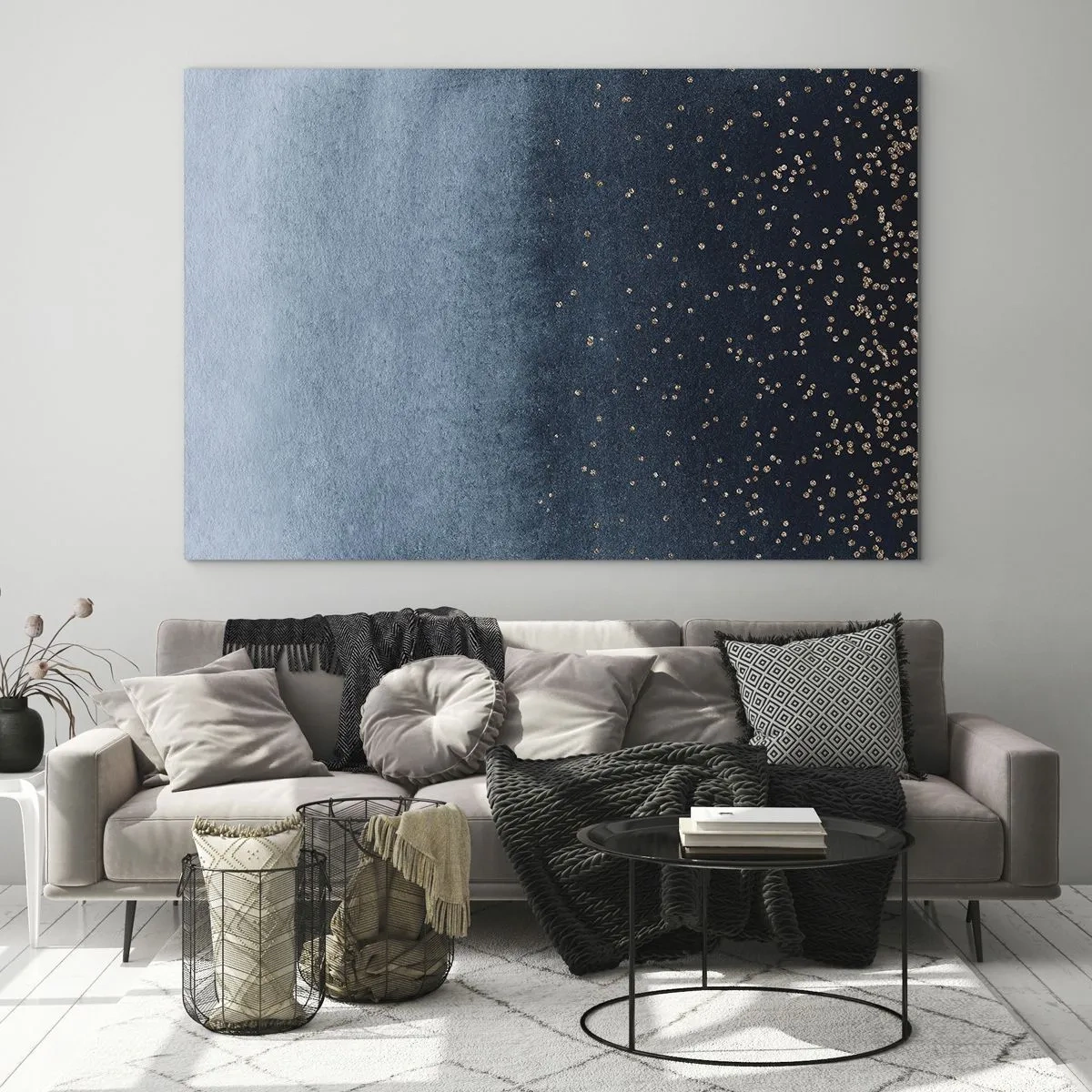 Tablou pe sticlă - Gradiente bleumarin cu puncte aurii minuscule - 70x50cm - Compoziție - faze albastre - Decorațiune modernă pentru perete pentru living și dormitor ARTTOR