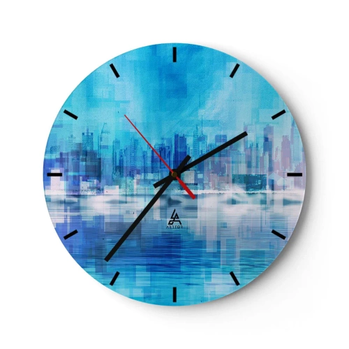 Ceas de perete - Ceas pe sticlă - O panoramă a orașului în nuanțe de albastru și violet, cu un efect abstract. - 30x30cm - Înecate în albastru - Decorațiune modernă pentru perete pentru living, bucătărie și dormitor ARTTOR