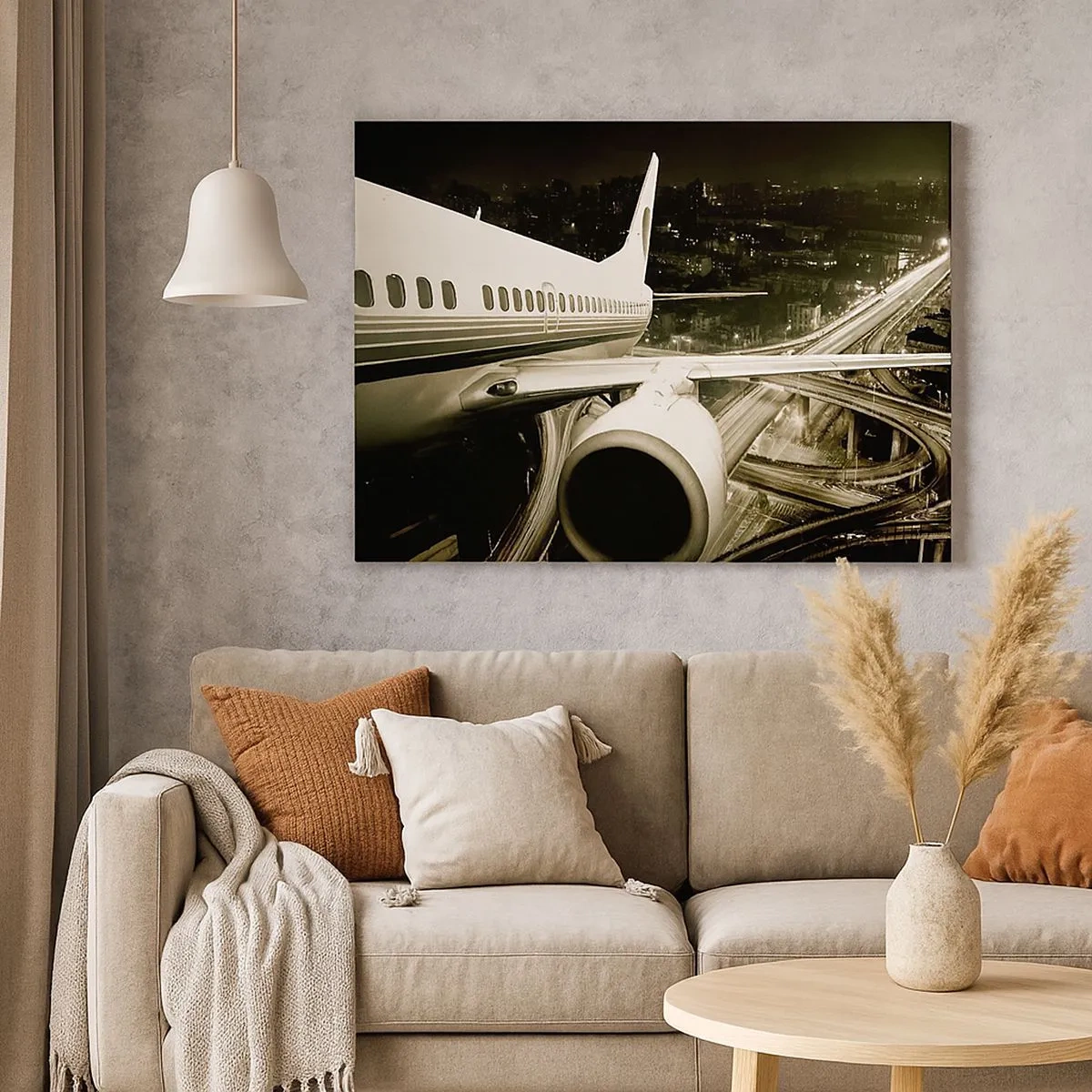 Tablou pe pânză Canvas - Un avion deasupra unui oraș nocturn cu autostrăzi iluminate - 70x50cm - Zbor în noapte - Decorațiune modernă pentru perete pentru living și dormitor ARTTOR