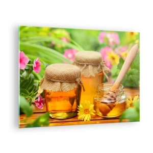 Tablou pe sticlă - Borcane de miere pe un fundal de flori în grădină - 70x50cm - Dulce și florală - Decorațiune modernă pentru perete pentru living și dormitor ARTTOR