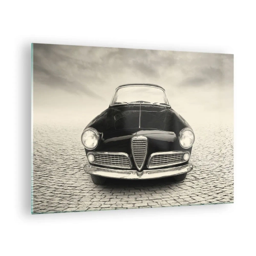 Tablou pe sticlă - Mașină clasică pe drum pietruit în alb și negru - 70x50cm - Și cum să nu mă iubești? - Decorațiune modernă pentru perete pentru living și dormitor ARTTOR