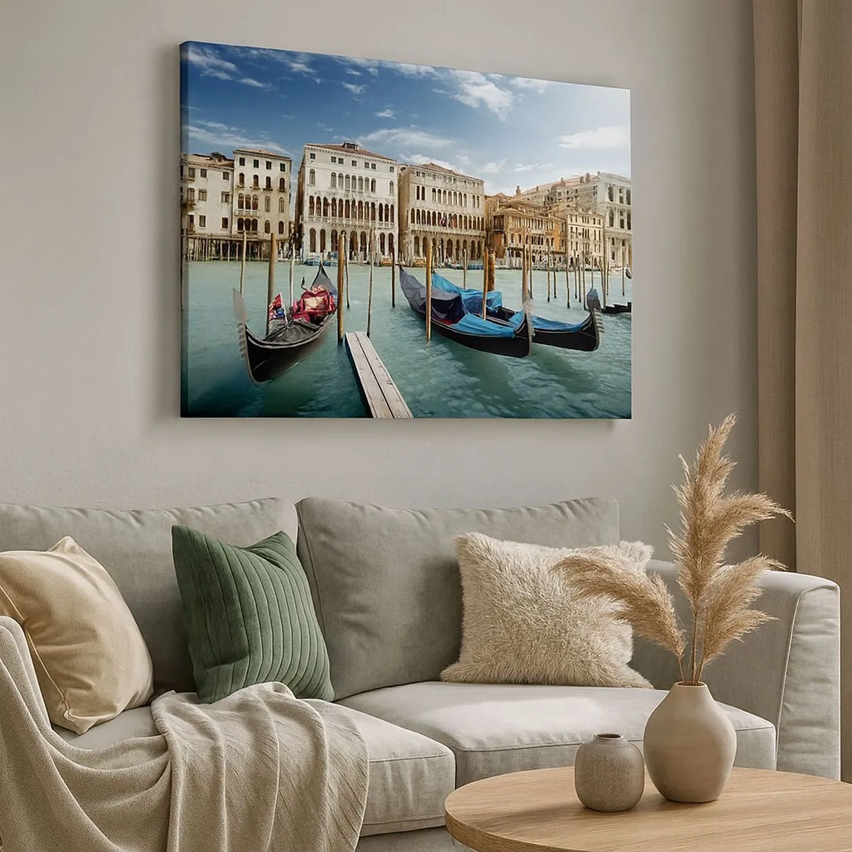 Tablou pe pânză Canvas - Veneția cu gondole și palate pe fundalul cerului - 70x50cm - Palate în albastru - Decorațiune modernă pentru perete pentru living și dormitor ARTTOR