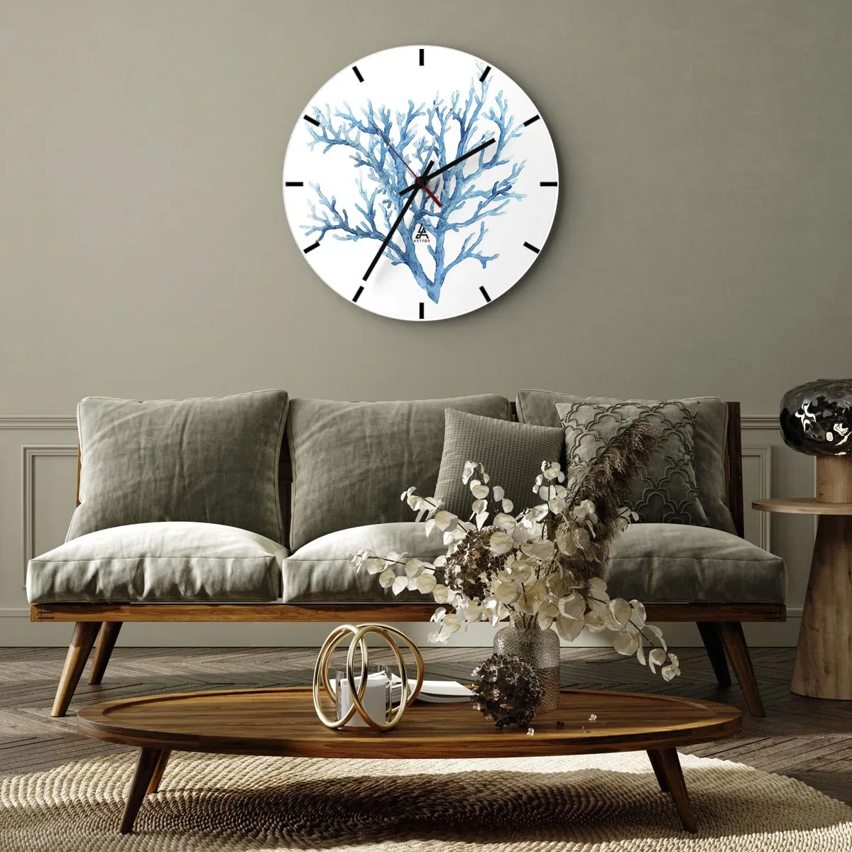 Ceas de perete - Ceas pe sticlă - Ilustrație a coralului albastru pe fundal alb - 30x30cm - Filigranul marin - Decorațiune modernă pentru perete pentru living, bucătărie și dormitor ARTTOR