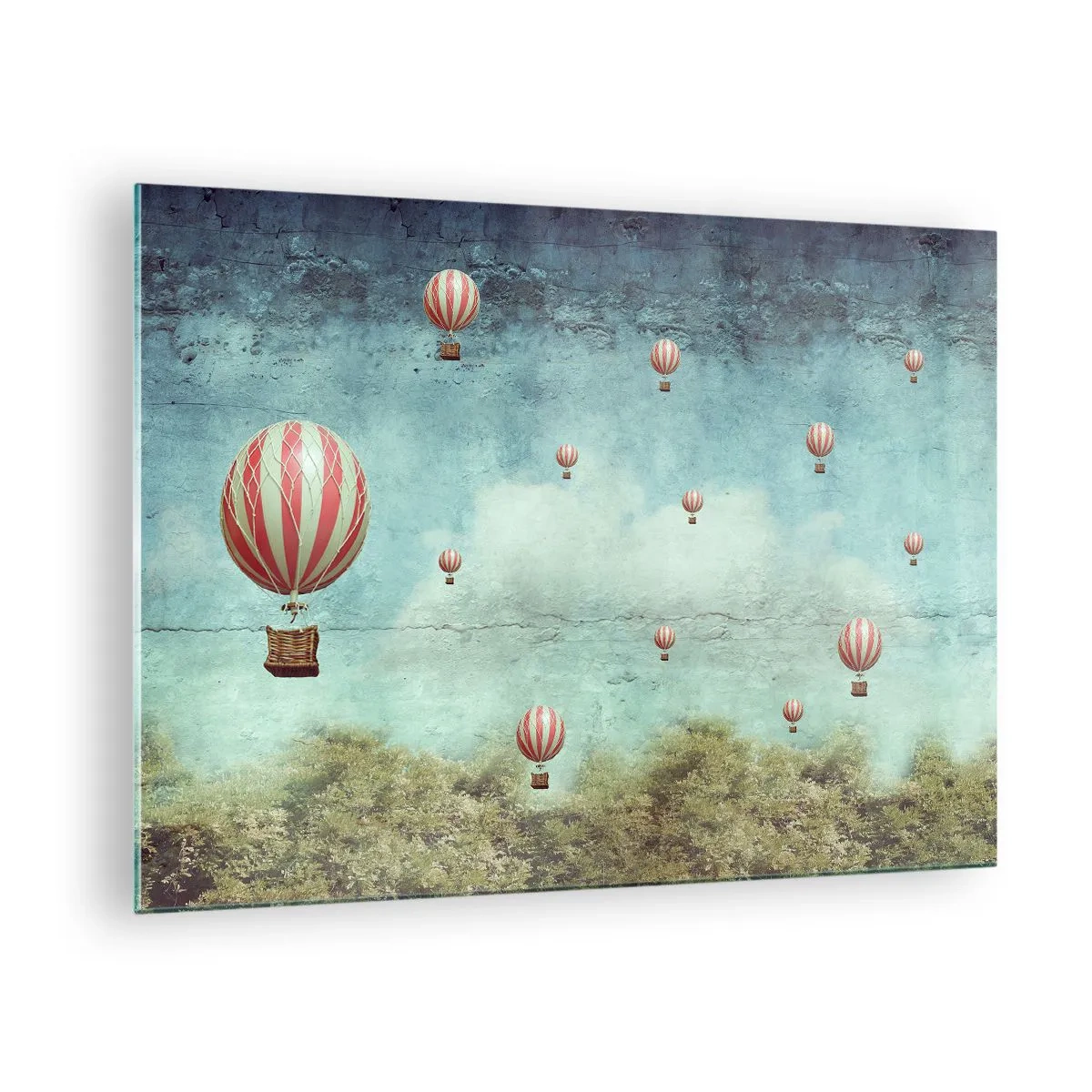 Tablou pe sticlă - Baloane plutind peste un peisaj verde - 70x50cm - Liber de agitația vieții - Decorațiune modernă pentru perete pentru living și dormitor ARTTOR