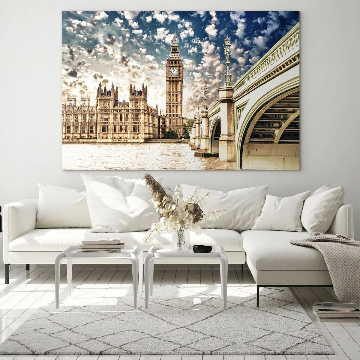 Tablou pe sticlă - Big Ben și Podul Westminster din Londra - 70x50cm - Nori de pene deasupra Tamisei - Decorațiune modernă pentru perete pentru living și dormitor ARTTOR