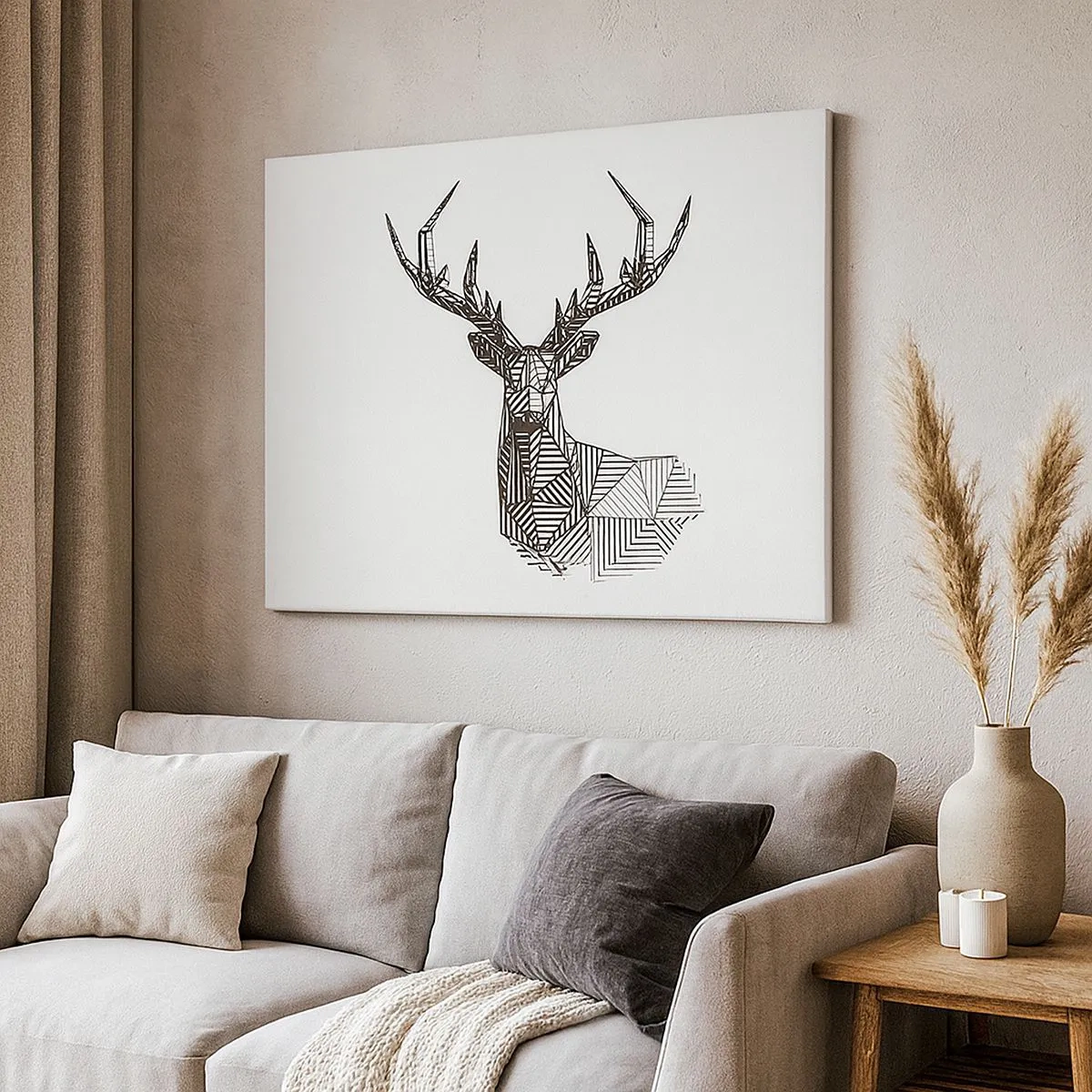 Tablou pe pânză Canvas - Imagine geometrică a unui cerb într-un stil minimalist alb-negru - 70x50cm - Cerb în stil cubist - Decorațiune modernă pentru perete pentru living și dormitor ARTTOR