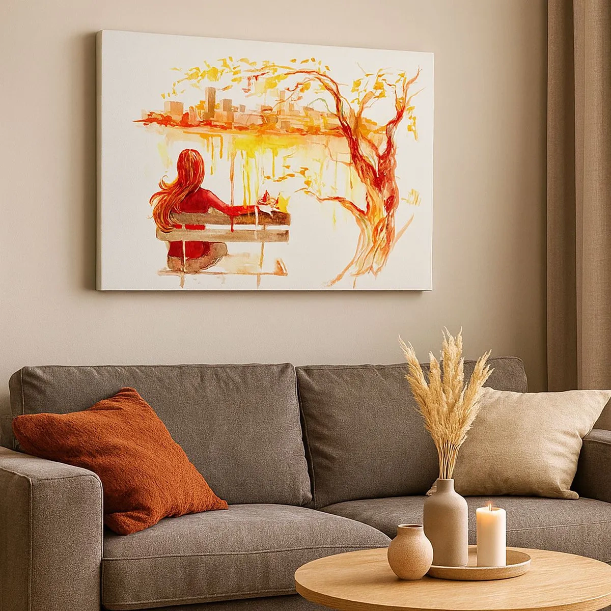 Tablou pe pânză Canvas - Scenă în acuarelă cu o femeie pe o bancă cu vedere la oraș - 70x50cm - Un moment de reflecție - Decorațiune modernă pentru perete pentru living și dormitor ARTTOR